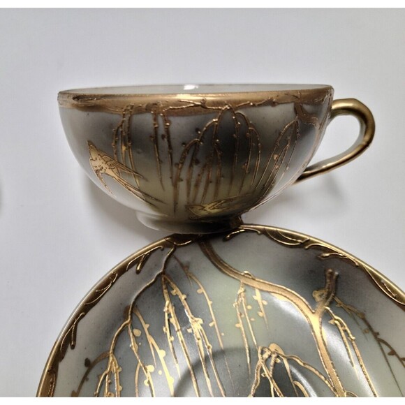 Made in Japan Hand Painted 2 Cups with Saucers Bone China Gold Ivory Grey Birds - Picture 10 of 12